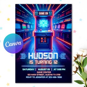 May include: A digital invitation with a retro arcade theme. The design features a central arcade machine with the text "GAME ON" at the top. The invitation reads "HUDSON IS TURNING 12" with event details below, including date, time, and location.