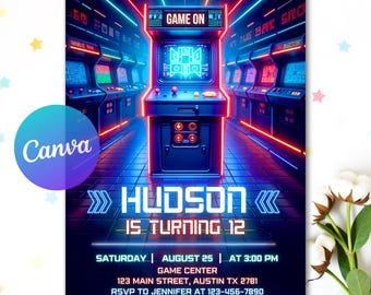 Faire-part de fête d'anniversaire jeu vidéo, passer un niveau d'invitation d'anniversaire, faire-part d'anniversaire d'arcade, néon d'invitation, gamer vidéo phosphorescent, modèle Canva