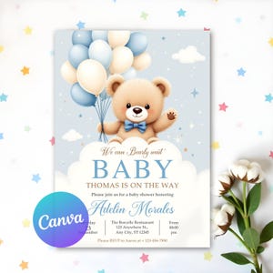 Baby Shower We Can Bearly Wait, Baby Shower con orsetto di peluche, Invito per baby shower con palloncino a forma di orso, Invito per baby shower con orso, Modificabile in Canva