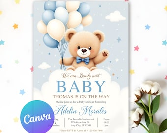 We Can Bearly Wait Baby Shower, Teddy Bear Baby Shower, Bear Balloon Baby Shower Invitation, Bear Baby Shower Invite, Editable in Canva