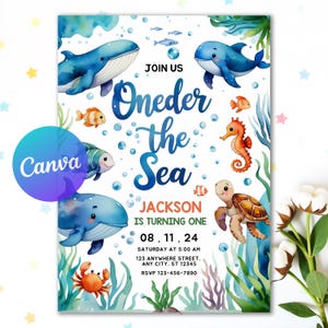Puede incluir: Una invitación con temática submarina. El texto dice "Join Us Oneder the Sea" con el nombre "Jackson" y los detalles de la fiesta. Ballenas, peces, un caballito de mar y una tortuga están ilustrados en azul, naranja y verde.
