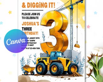 Invito digitale per compleanno a tema costruzione moderna, invito modificabile per festa con camion con cassone ribaltabile, compleanno all'aperto con escavatore, modello Canva
