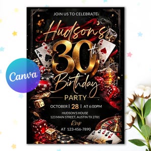 Pode incluir: Convite para festa de aniversário de 30 anos em preto e dourado com tema de cassino. O convite apresenta cartas de baralho, dados e fichas de pôquer. O texto diz "Hudson's 30th Birthday Party" com detalhes do evento. Um logotipo da Canva é visível.