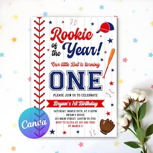 Editable Baseball Invitation First Birthday Party, Rookie Of The Year Invite, 1st Birthday, Baseball Birthday Party,Editable Template Invite