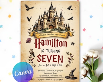Bewerkbare magische verjaardagsuitnodiging, Wizards Witches verjaardagsuitnodiging sjabloon, kasteel Wizardry Party download, afdrukbare sjabloon