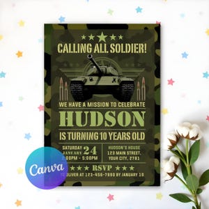Faire-parts à une fête militaire, Faire-part d'anniversaire de l'armée, Faire-part d'anniversaire de soldat, Faire-part camouflage, Fête camouflage, Modèle de toile modifiable