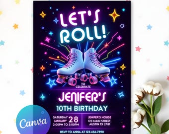 Editable Roller Skating Invitation, Glow Party Birthday Invitation, Glow Roller Skating Party, Skate Party Birthday Invite, Canva Template