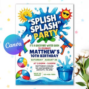 May include: A colorful invitation for a "Splish Splash Party" celebrating Matthew's 10th birthday. The design features water splashes, suns, water guns, and beach balls. Includes event details: date, time, and location.