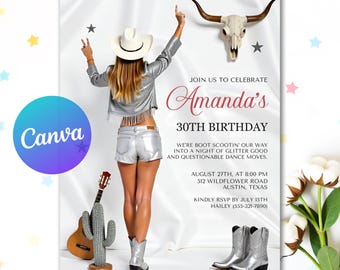 Invitación de cumpleaños de vaquera disco, invitación country western, invitación de fiesta vaquera, invitación glam, plantilla editable de Canva