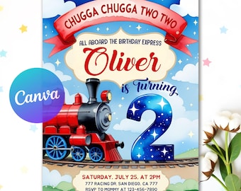 Chugga Chugga Two Two Birthday Invite, Editable 2nd Birthday Boy Invitation, Printable Train Birthday Party, Digital Invitation