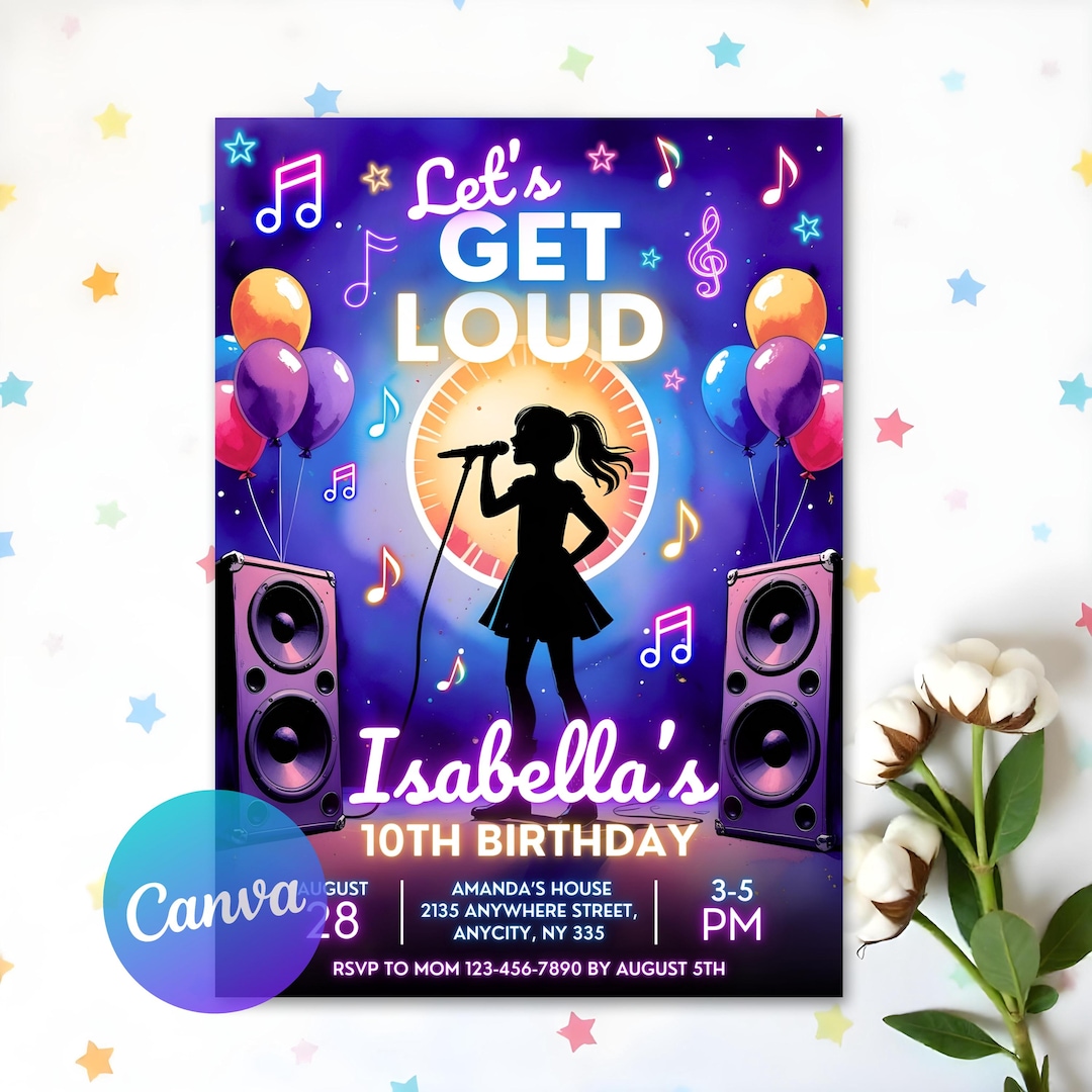 Voice Lessons Invites Karaoke Birthday Party Invitation, Glow Girl Karaoke Party Invite, Neon ...
