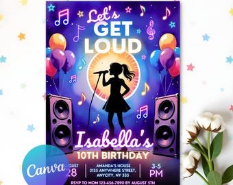 Puede incluir: Una invitación de fiesta de cumpleaños morada, azul y amarilla con una silueta de una niña cantando en un micrófono. El texto de la invitación dice "Let's Get Loud Isabella's 10th Birthday".