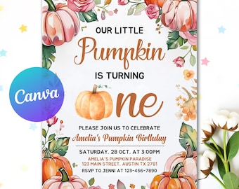 Pumpkin Invitation First Birthday Editable Our Little Pumpkin 1st Invite Pink and Gold Girl Fall Printable Template Digital Download