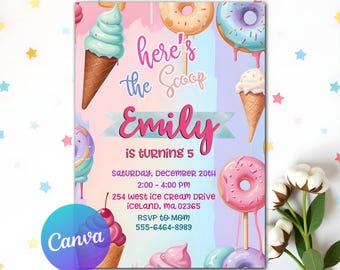 Invitación de cumpleaños de helado, invitación de cumpleaños de niña de helado, fiesta de helado, aquí está la primicia rosa de verano, fiesta de verano