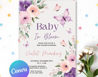 Invitación de Baby in Bloom, invitación de baby shower de mariposas para niña, baby shower de flores silvestres, invitación editable para baby shower, baby shower floral