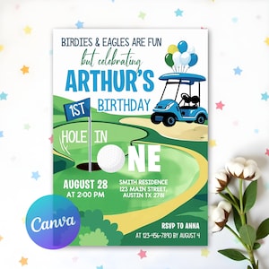 Hole in One Birthday Invitation, Editable Golf First Birthday Invitation, Golf Par-Tee Birthday Invitation, 1st Birthday, Canva Template