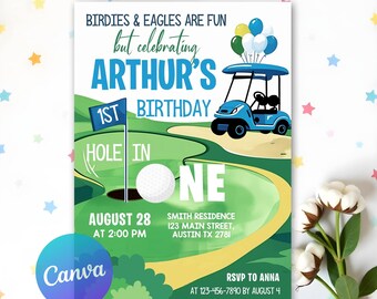 Inbjudan till Hole-in-One-födelsedag, redigerbar första födelsedagsinbjudan för golf, födelsedagsinbjudan till par-tee-golf, första födelsedag, Canva-mall