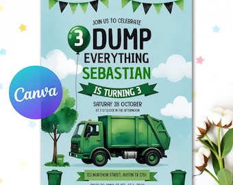 Peut inclure: Invitation d'anniversaire avec une illustration de camion poubelle vert. Le texte dit "Rejoignez-nous pour célébrer 3 Dump Everything Sebastian fête ses 3 ans". Comprend l'adresse et les informations RSVP. Fond bleu clair avec des nuages.