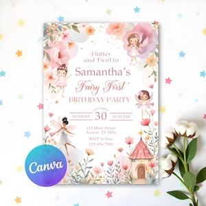 Fairy First Birthday Invitation, Enchanted Garden Fairy Invites, Whimsical 1st Birthday, Magical Floral Fairy Princess Party, Editable Canva