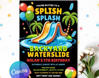 Bewerkbare waterglijbaan verjaardagsuitnodiging, uitnodiging zwembadfeest, jongen meisje splash party uitnodiging, waterglijbaan bash, canvas uitnodigingssjabloon