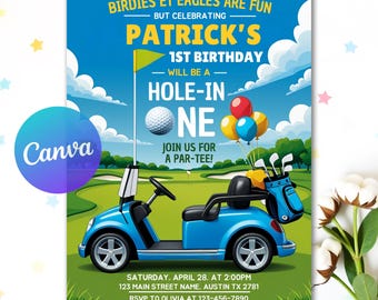 Hole In One First Birthday Invitation, Editable Golf 1st Birthday Invite Template, Golf Par-Tee First Birthday Invitation, Canva Template