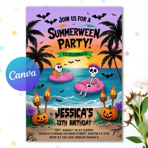 Puede incluir: Una colorida invitación para una fiesta de Summerween, con esqueletos en flotadores en el océano. El diseño incluye palmeras, murciélagos, calabazas y el texto "Summerween Party!" y "Jessica's 13th Birthday".