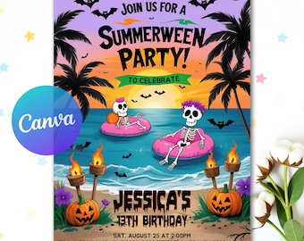 Sjabloon uitnodiging Summerween-feestje, zomer-Halloween-zwembad en verjaardagsfeestje, zomer-zwembadfeest, Halloween-zwembadfeest, canvas-sjabloon