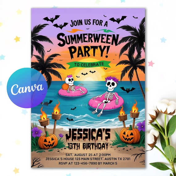 Summerween Party Invitation Template, Summer Halloween Pool and Birthday Party, Summer Pool Party, Halloween Pool Bash, Canva Template