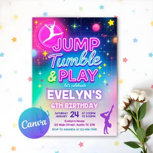 Girl Gymnastics Birthday Invite, Gymnast Party Invite, Gymnastics Party Invitation, Jump Tumble And Play, Girls Party Invite, Canva Editable