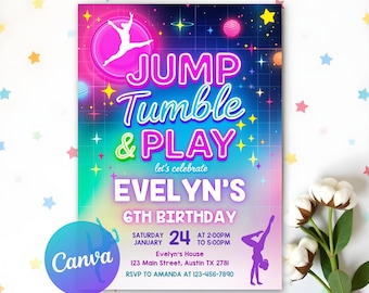 Girl Gymnastics Birthday Invite, Gymnast Party Invite, Gymnastics Party Invitation, Jump Tumble And Play, Girls Party Invite, Canva Editable