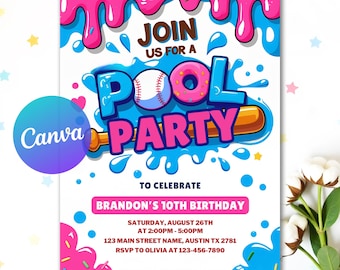 Editable Baseball Birthday Invitation, Baseball Water Slide Party, Baseball Invite Pool Birthday, Printable Baseball Invitation Template