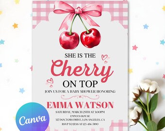 Cherry Baby Shower Invitation Bundle, Cherry on top Invite Set, Coquette Pink Bow Berries, Girl Baby Shower, Editable Templates, Printable
