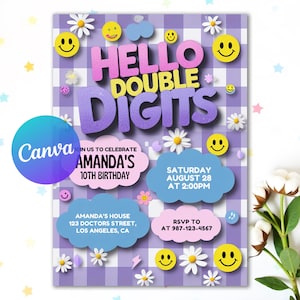 May include: A birthday invitation with a purple and white checkered background. The text "HELLO DOUBLE DIGITS" is in large, colorful letters. The invitation includes details for Amanda's 10th birthday, with smiley faces and daisy accents.