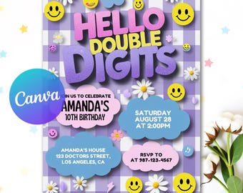 Hello Double Digits Birthday Invitation Groovy 10th Birthday Invite Out Single Digits Girl Teen Invite Varsity Patch Letter, Canva Template