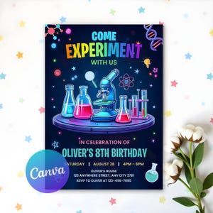 Faire-part d'anniversaire modifiable de la science folle, modèle de fête scientifique garçon fille, expérience de laboratoire au néon, anniversaire de laboratoire de sciences, téléchargement immédiat