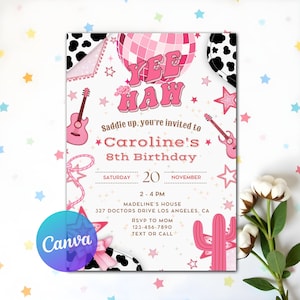Editable Pink Cowgirl Birthday Party Invitation, Yee Haw Cowgirl Party, Disco Rodeo Birthday Invitations, Nashville Party, Saddle Up Invite