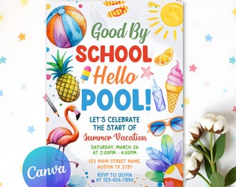 End of School Party Invitation, Schools Out Party Invitation, Summer Pool Party, Pool Party Invite, Hello Summer, Editable Canva Template
