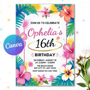 Editable Aloha Birthday Invitation, Pineapple Birthday Party Hawaiian Birthday Template, Tropical Flowers Birthday Invite, Instant Download