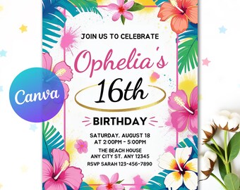 May include: A vibrant invitation for a 16th birthday celebration. The design features tropical flowers, palm leaves, and the text "Ophelia's 16th Birthday". The invitation includes event details: date, time, location, and RSVP information.