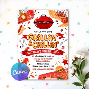 May include: A red and white birthday invitation with a cartoon grill and food. The text reads "Join us for some Grillin' & Chillin' Matthew's 8th Birthday". It's a Barbeque to celebrate Saturday, March 26th 2025 5:00pm until 8:00pm Matthew's House 123 Main Street, Austin TX 2781 RSVP to Olivia at 123-456-7890
