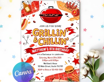 Editable BBQ Birthday Invitation Template, Barbeque Birthday Invitation, BBQ Invitation, Backyard Party Template, Editable Canva Template