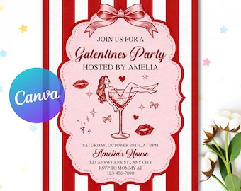 Editable Galentine's Day Invitation, Galentine's Girls Night Party Invite, Valentine's Day, Doodle Hand Drawn, Canva Template