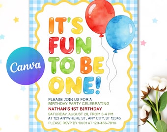 Fun to Be One Birthday Invitation Template, Colorful First Birthday Invitation, 1st Birthday Party, Editable Canva Template,Instant Download
