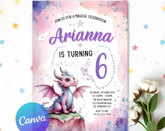 Editable Purple Dragon Invitation, Girl Dragon Birthday Party Invitation, Dragon Invitation, Purple Dragon, Instant Download