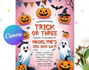 Trick or Three Birthday Invitation, Halloween Ghost 3rd Birthday, Spooky Birthday, Third Birthday, Spooktacular Invite, Instant Download