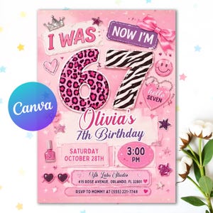 May include: A pink birthday invitation card featuring the text I WAS NOW I'M 67, Olivia's 7th Birthday, Saturday October 28th, 3:00 PM, Yb Labs Studio, 415 Rose Avenue, Orlando, FL 32801, and RSVP to Mommy at (555) 221-7749 with leopard and zebra prints.