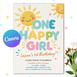 One Happy Girl Birthday Invite 1st Birthday Invitation Girl First Birthday Invitation Sun Invitation Sunshine Editable Canva