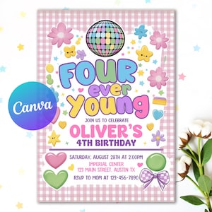 Editable Four Ever Young Preppy Birthday Party Invitation Y2K Retro Bubble Font Disco 4th Birthday Party Invite Instant Download