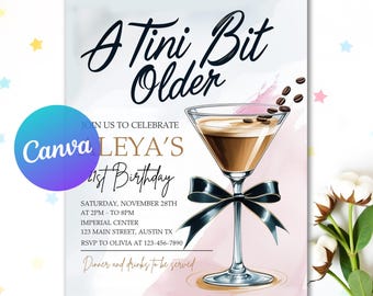 Zaproszenie urodzinowe "Tini Bit Older", cyfrowe zaproszenie urodzinowe z espresso martini, zaproszenie na 21. urodziny, edytowalny szablon Canva