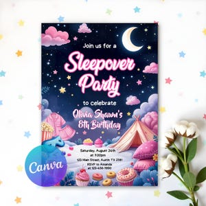 Printable Sleepover Birthday Invitation, Slumber Party, Pajama Party, Girl Sleepover Birthday, Glamping Birthday Invite, Editable Template